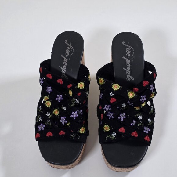Free People Lisbon Clogs Womens 40 Chunky Cork Platform Suede Floral Embroidery - Picture 4 of 16